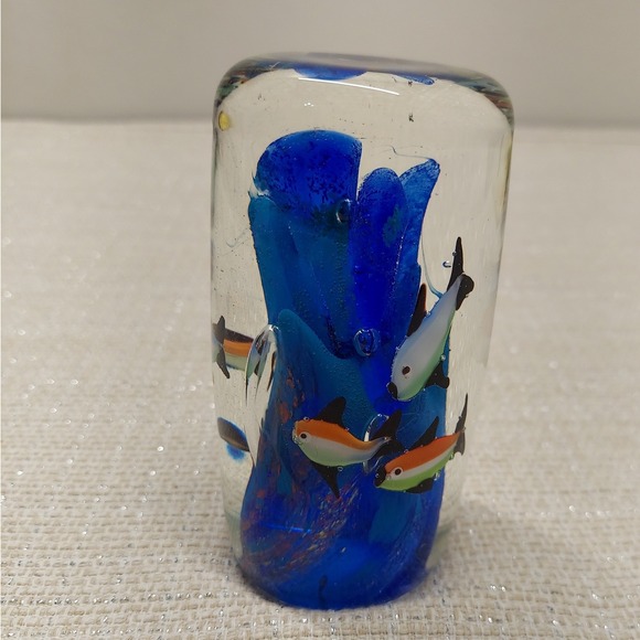 Other - Art Glass Paperweight Tropical Fish Blue Coral Underwater Scene Cylinder 4.5"